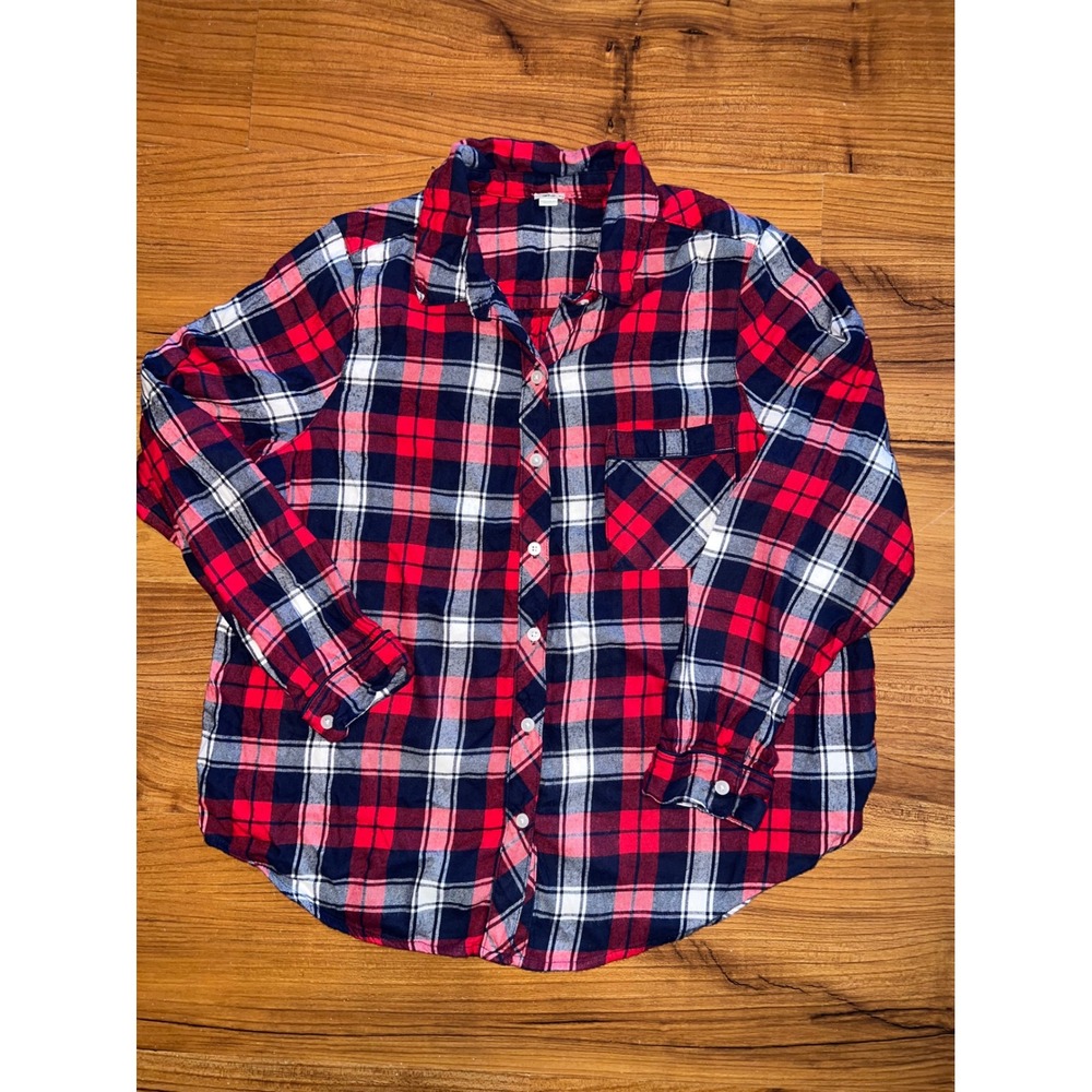 Aerie Red Navy Blue White Plaid Flannel Button Down Shirt Womens Medium